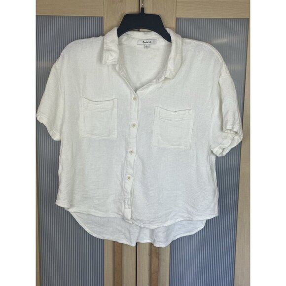 Madewell Tops - Madewell White Woven Short Sleeve Top Sz L Button Up Crop Coastal Travel Casual